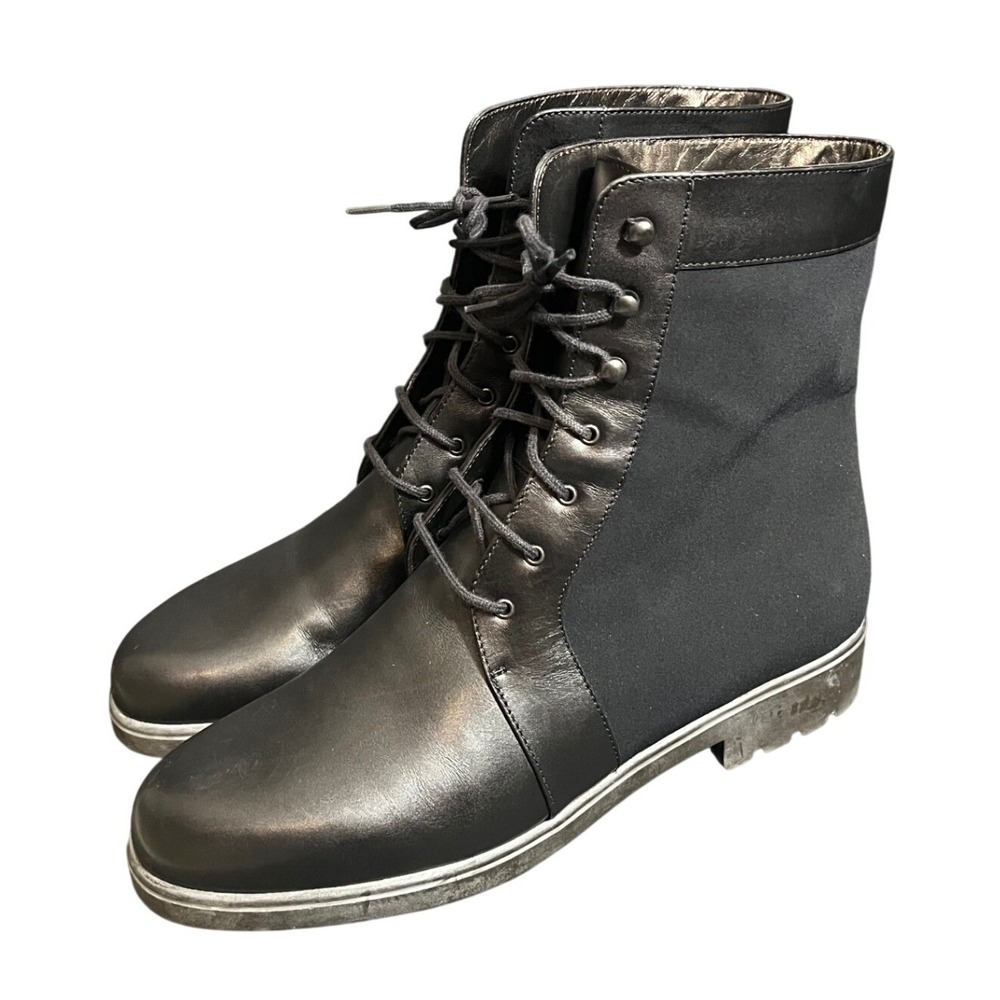 Salvatore Ferragamo Combat‎ Boots Womens 7 Black Leather Canvas Lug Sole Sport